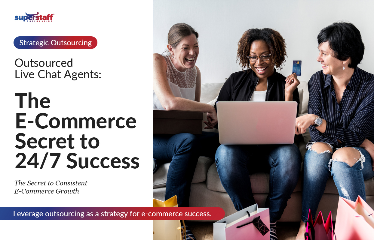 A group of three diverse women sitting on a couch, happily shopping online using a laptop. One woman holds a credit card while the others smile and discuss their purchases. The text overlay reads: "Outsourced Live Chat Agents: The E-Commerce Secret to 24/7 Success," emphasizing the benefits of outsourcing for consistent e-commerce growth.