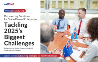 The image shows a diverse team in a meeting with international flags representing global collaboration. The text reads "Strategic outsourcing solutions for state owned enterprises:"