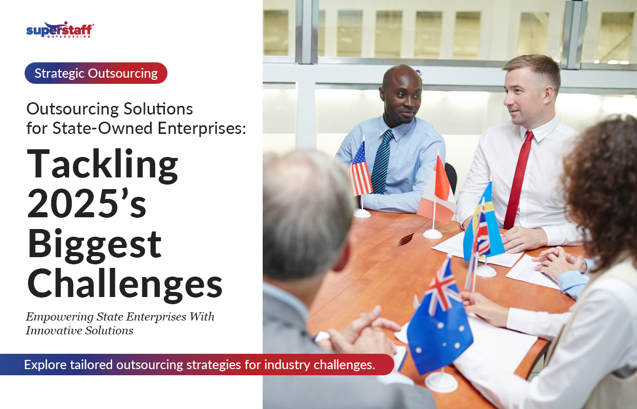 The image shows a diverse team in a meeting with international flags representing global collaboration. The text reads "Strategic outsourcing solutions for state owned enterprises:"