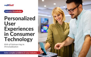 A professional image showcasing a smiling man and woman in a modern consumer electronics store. The text overlay highlights "Personalized User Experiences in Consumer Technology" and discusses the role of outsourcing in achieving personalization.