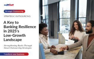 The image features a professional setting in the banking industry. On the left, text highlights the topic: "Strategic Outsourcing: A Key to Banking Resilience in 2025's Low-Growth Landscape."