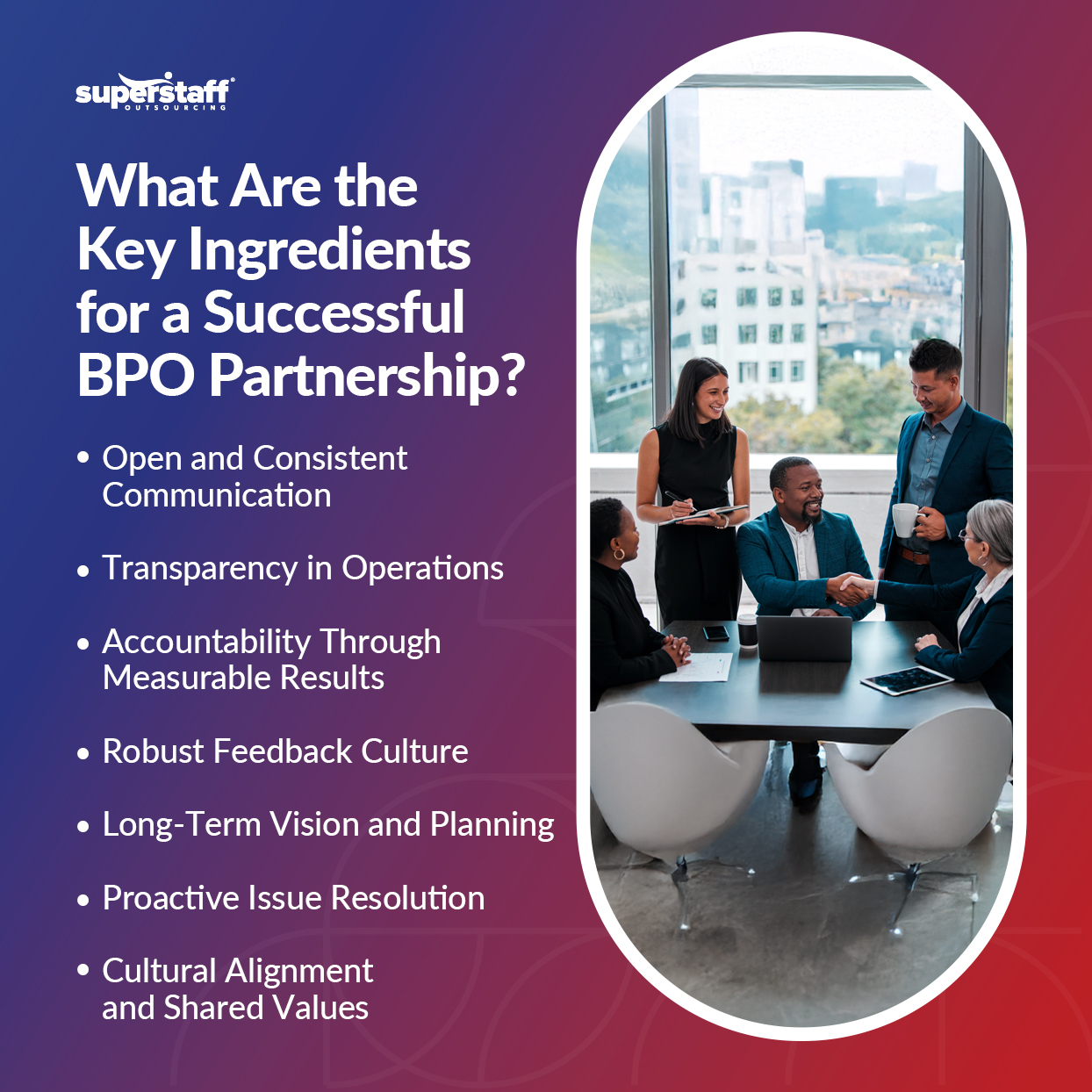 A mini infographic shows the key ingredients for a successful BPO partnership