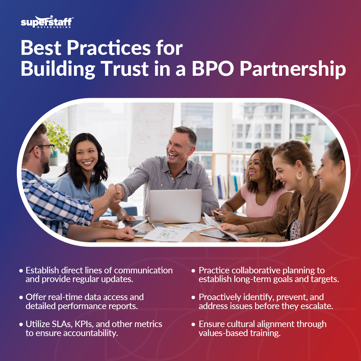 A mini infographic shows the best practices for building trust in a BPO partnership