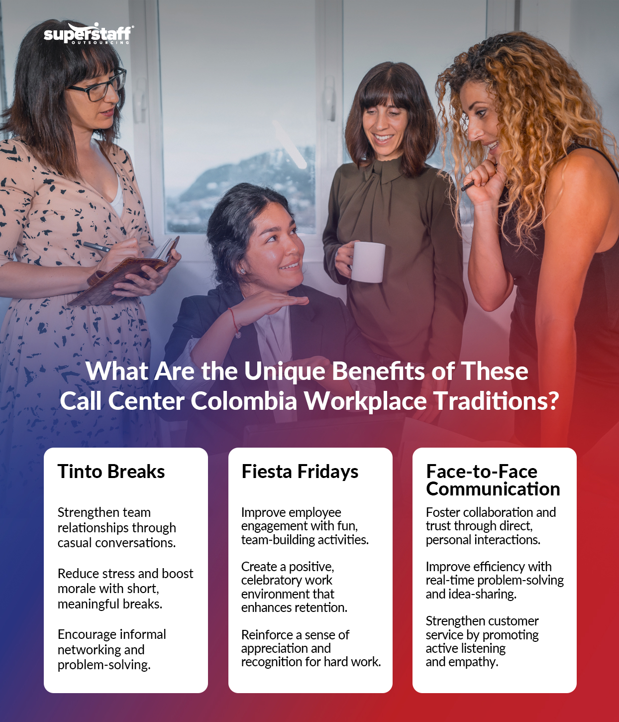 A mini infographic shows unique call center Colombia workplace traditions