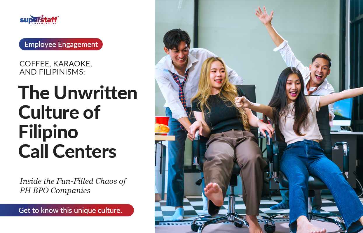 A lively group of four Filipino call center employees is having fun in a modern office setting. Two young women are seated on office chairs, laughing and extending their arms playfully as their male colleagues push them forward. The image conveys camaraderie, teamwork, and the fun side of working in a BPO environment.