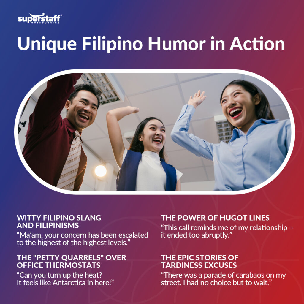 An infographic on the Unique Filipino Humor in Filipino call centers.