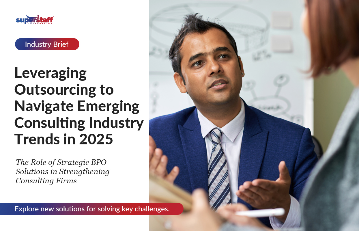 The image features a professional setting with a man in a formal blue suit and tie actively engaged in a discussion. The headline reads, "Leveraging Outsourcing to Navigate Emerging Consulting Industry Trends in 2025," with a subheading, "The Role of Strategic BPO Solutions in Strengthening Consulting Firms."