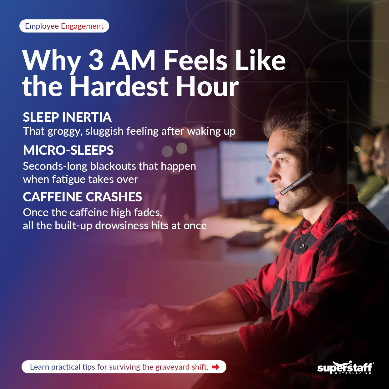 A mini infographic shows why the graveyard shift is a struggle for many call center employees