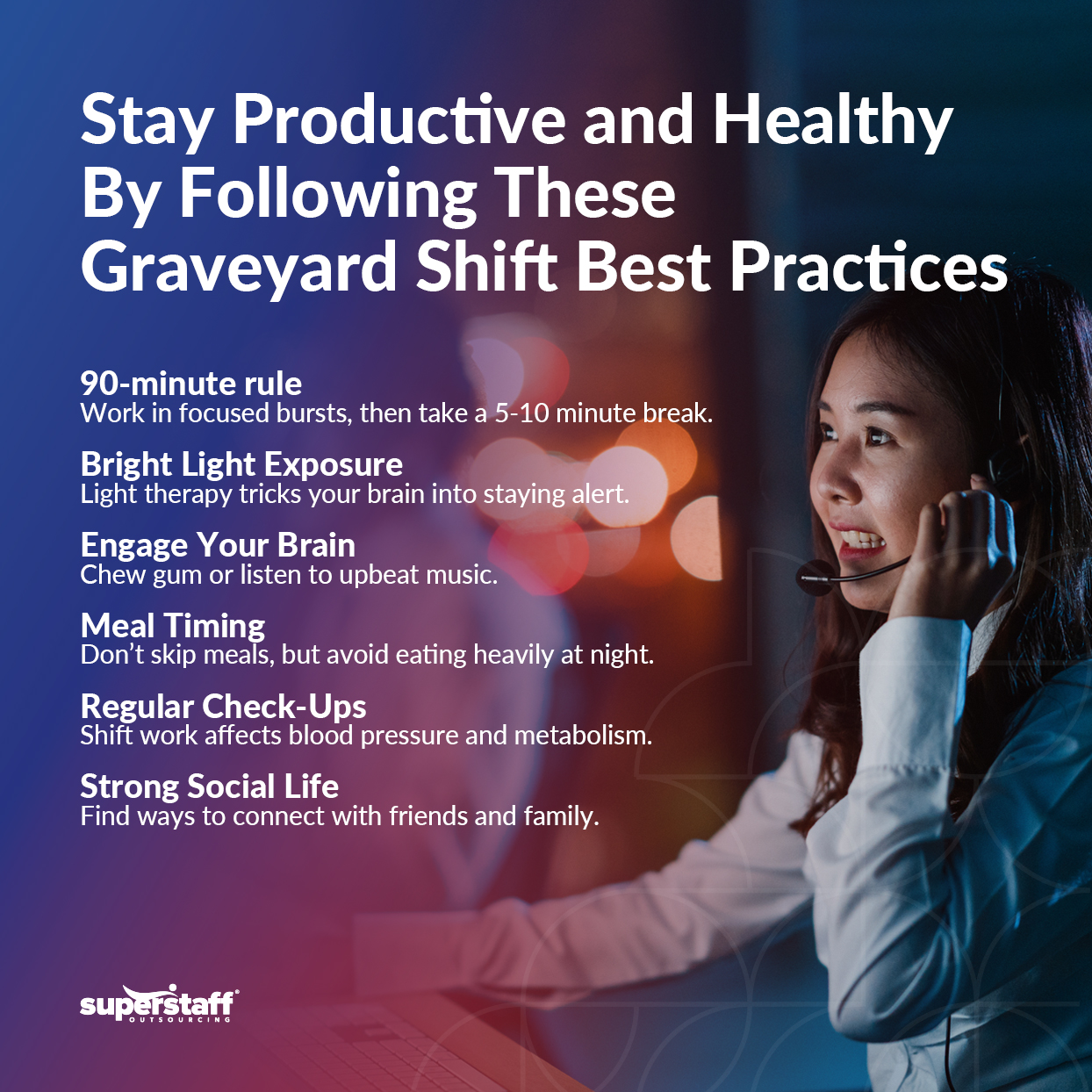 A mini infographic shows best practices for staying productive and healthy during the night shift