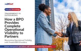 The banner photo features in the title "Transparency in Outsourcing: How a BPO Provides Complete Operational Visibility to Partners" in bold black text. Subheadings emphasize maximizing operational visibility with trusted outsourcing providers, while a red and blue banner at the bottom reads, "Ensure transparent operations with trusted outsourcing providers."