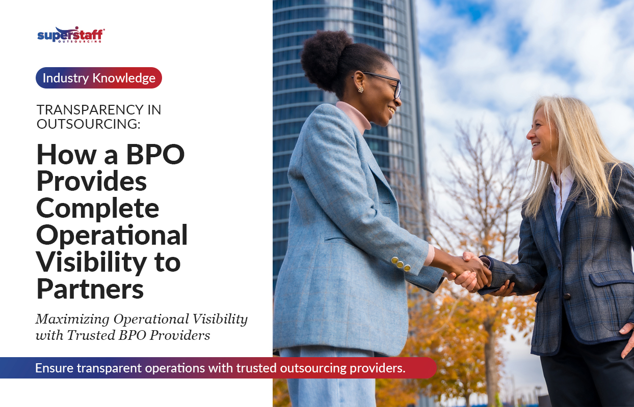 The banner photo features in the title "Transparency in Outsourcing: How a BPO Provides Complete Operational Visibility to Partners" in bold black text. Subheadings emphasize maximizing operational visibility with trusted outsourcing providers, while a red and blue banner at the bottom reads, "Ensure transparent operations with trusted outsourcing providers."