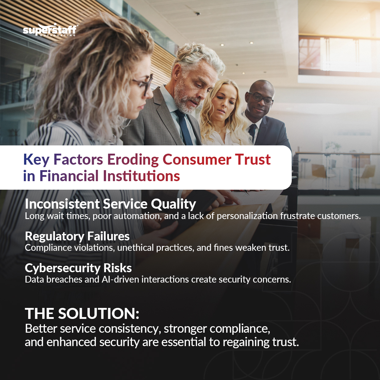 A mini infographic shows the key factors for declining customer trust in financial institutions