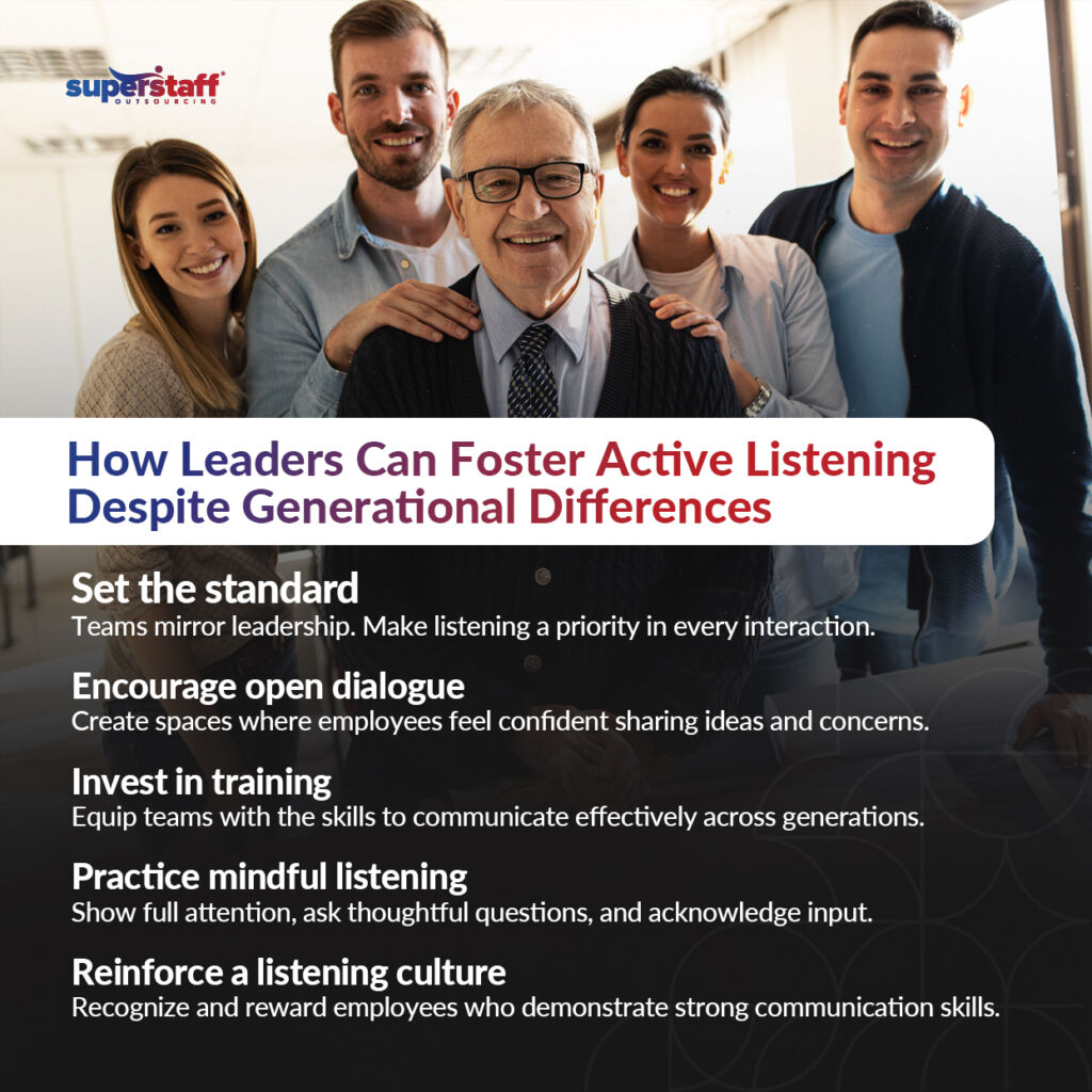 The image features a diverse, multi-generational team standing together in an office, smiling and appearing engaged, representing workplace harmony and effective leadership. At the center, an older leader with glasses is surrounded by younger colleagues, symbolizing collaboration across generations. The SuperStaff Outsourcing logo is placed at the top, and a bold title reads: "How Leaders Can Foster Active Listening Despite Generational Differences." Below, key strategies such as setting the standard, encouraging open dialogue, and reinforcing a listening culture emphasize the importance of strong communication in fostering workplace harmony across all age groups.