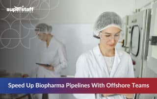 Medical worker in lab with text offshoring in biopharma
