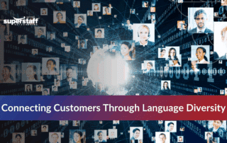 Network of diverse faces symbolizing global connection through language diversity in business.