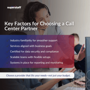 Smiling call center agent assisting clients, illustrating key points on how to choose a call center partner effectively in 2025