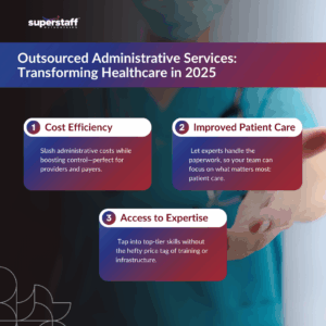 Infographic on outsourced administrative services for healthcare providers in 2025, highlighting cost efficiency, improved patient care, and access to expertise.
