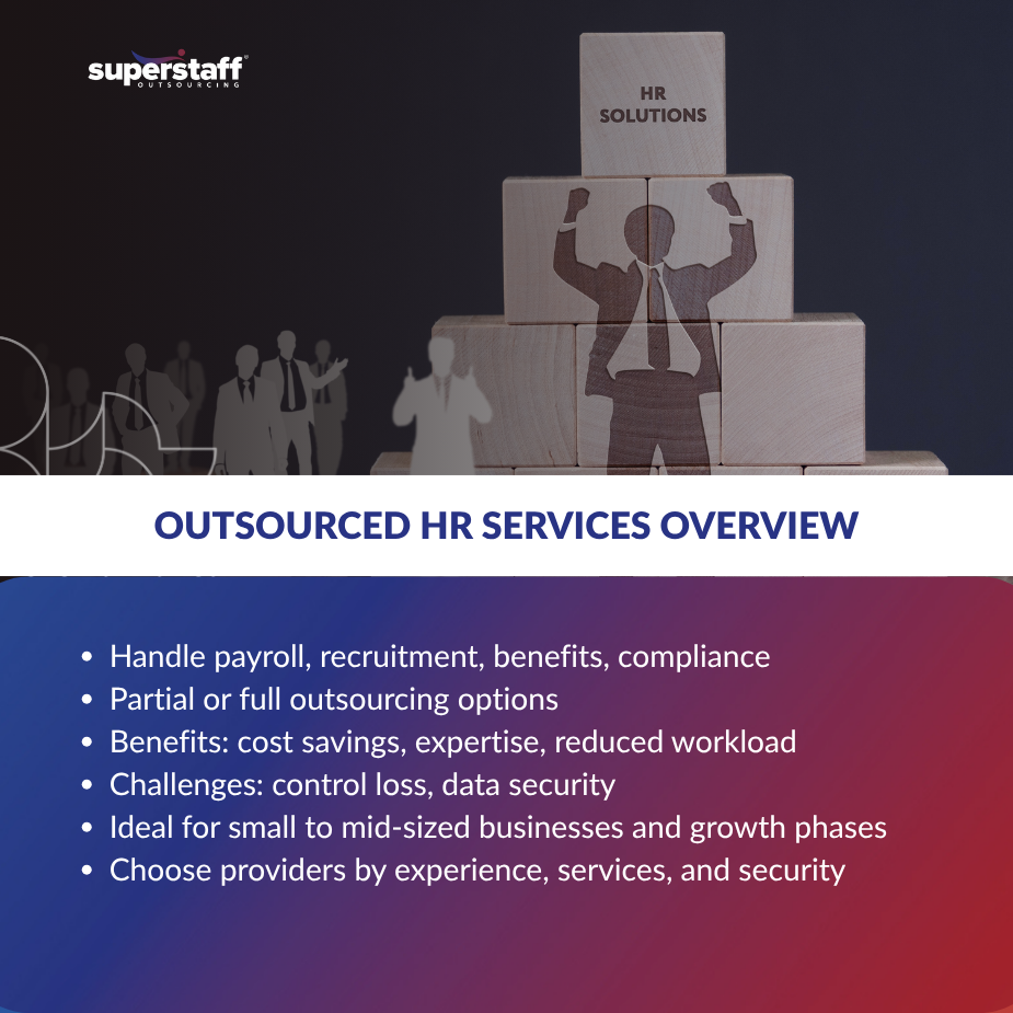 Overview of outsourced HR services with block illustrations, highlighting key benefits and challenges for businesses.