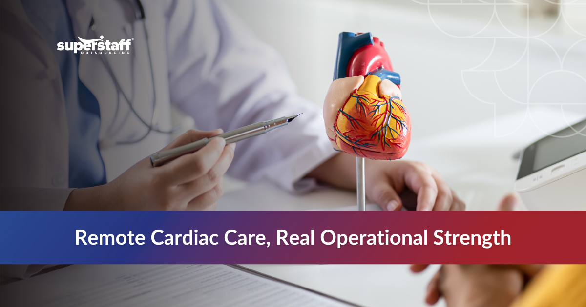 Telecardiology_Featured Examining a scientific heart model with text 'Remote Cardiac Care’