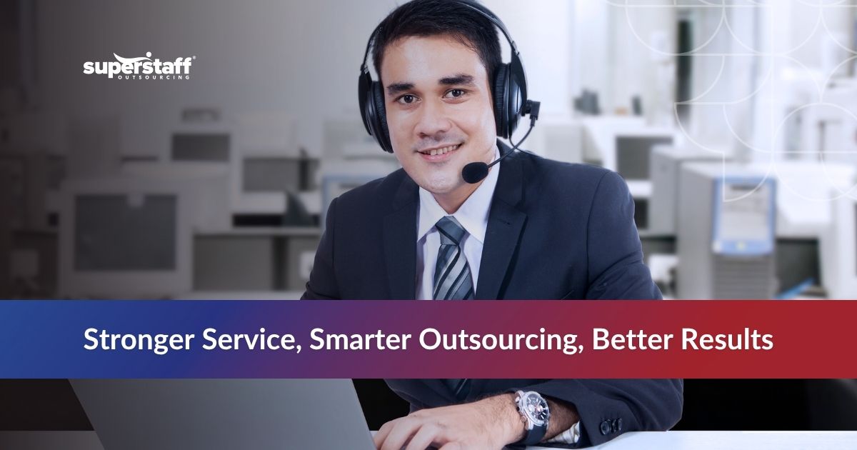 Agent wearing a headset, providing customer support outsourcing services in a professional office setting