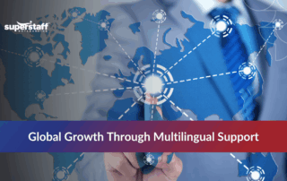 Multilingual customer service representative symbolized by globe icon with global connection icons.