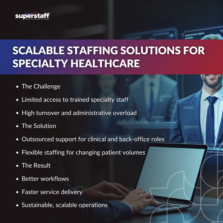 Specialty Healthcare_MI Scalable healthcare staffing solutions illustrated on a presentation slide, highlighting key challenges and solutions.