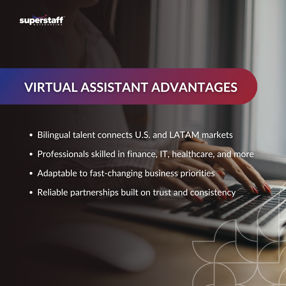Person typing on a laptop with text highlighting virtual assistant advantages like bilingual talent and skilled professionals.