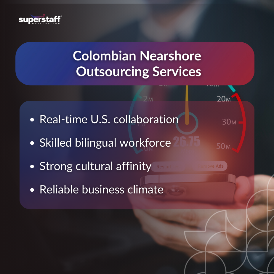 Colombian nearshore outsourcing services infographic with business dashboard and professional background