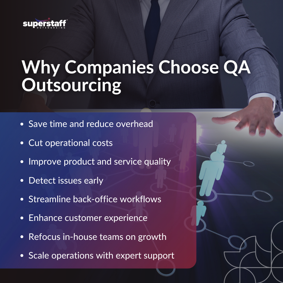 A professional presenting the benefits of QA outsourcing, highlighting cost reduction and quality improvement.