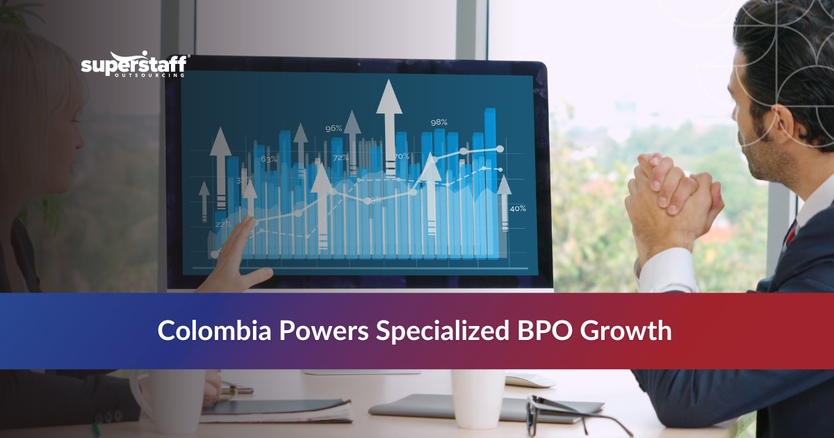 Business professionals collaborating on specialized BPO services with data visualization overlay