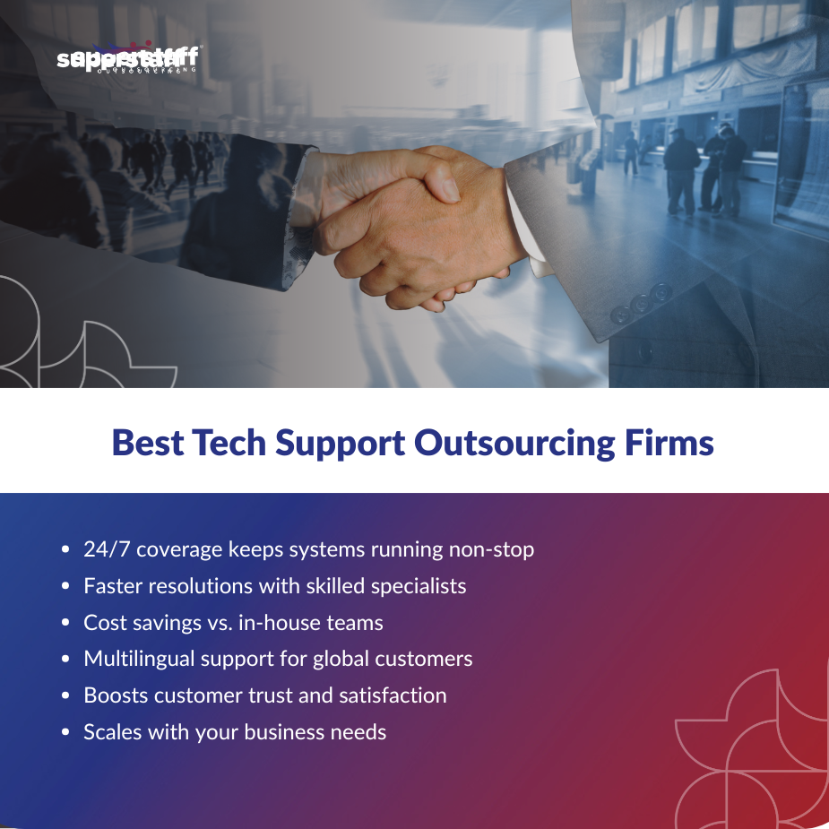 Two business professionals shaking hands with a busy office background illustrating the best tech support outsourcing partnership.