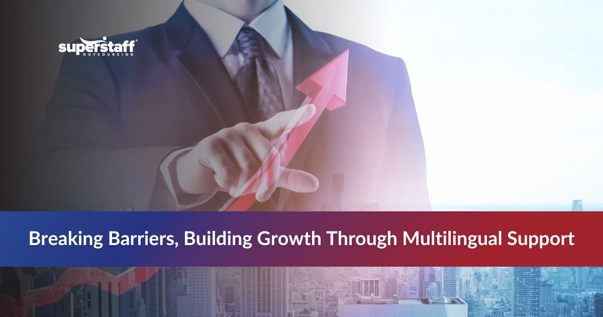 Companies Supporting SMEs_Featured Man pointing at a rising arrow symbolizing business growth with multilingual outsourcing services.