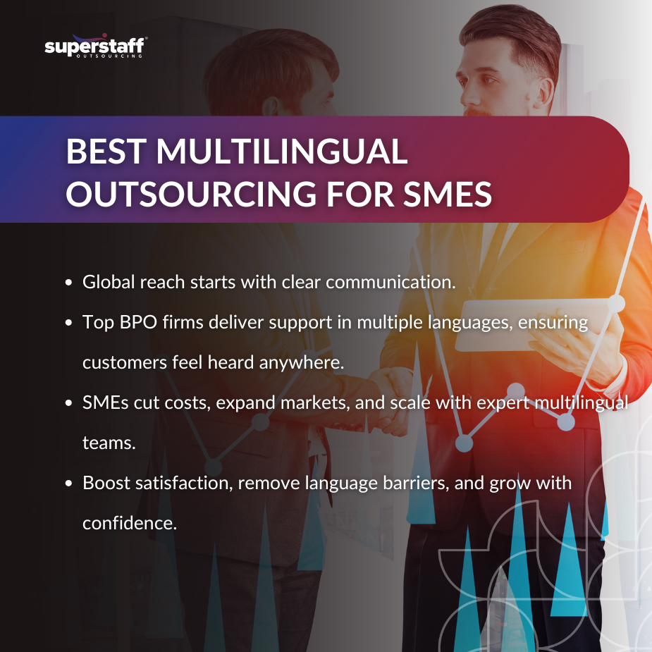 Man pointing at a rising arrow symbolizing business growth with multilingual outsourcing services.