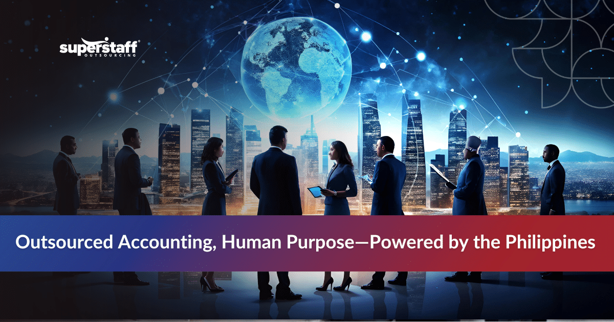 Outsourced accounting services Philippines team with global network and city skyline backdrop