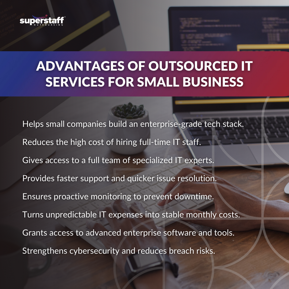 Outsourced IT services for small business shown with laptop, code, and technology workspace setup