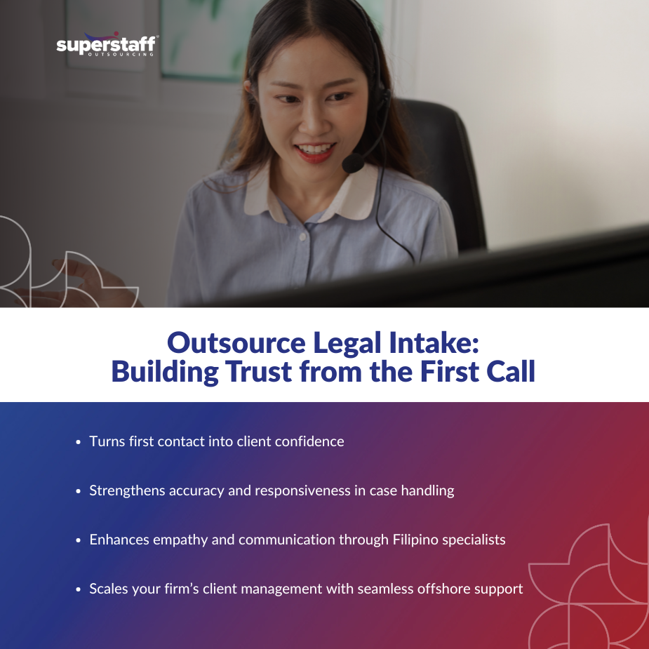 Outsource legal intake specialist on headset providing client support and case management services