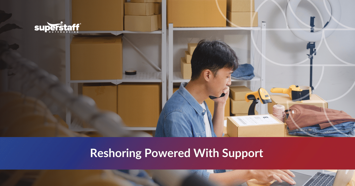 Small business owner managing reshoring supply chain operations with inventory and shipping boxes