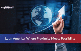 Outsourcing to Latin America business growth concept with digital globe and upward trend arrow