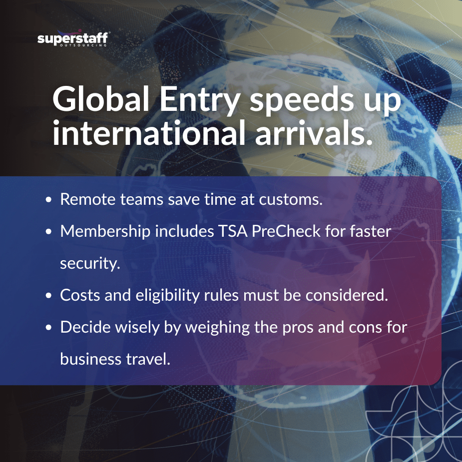 Global Entry Program_Mi Pros and cons of Global Entry infographic showing travel benefits with connected globe and network design