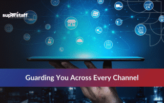 Remote cybersecurity specialist managing IT security icons and digital threat monitoring