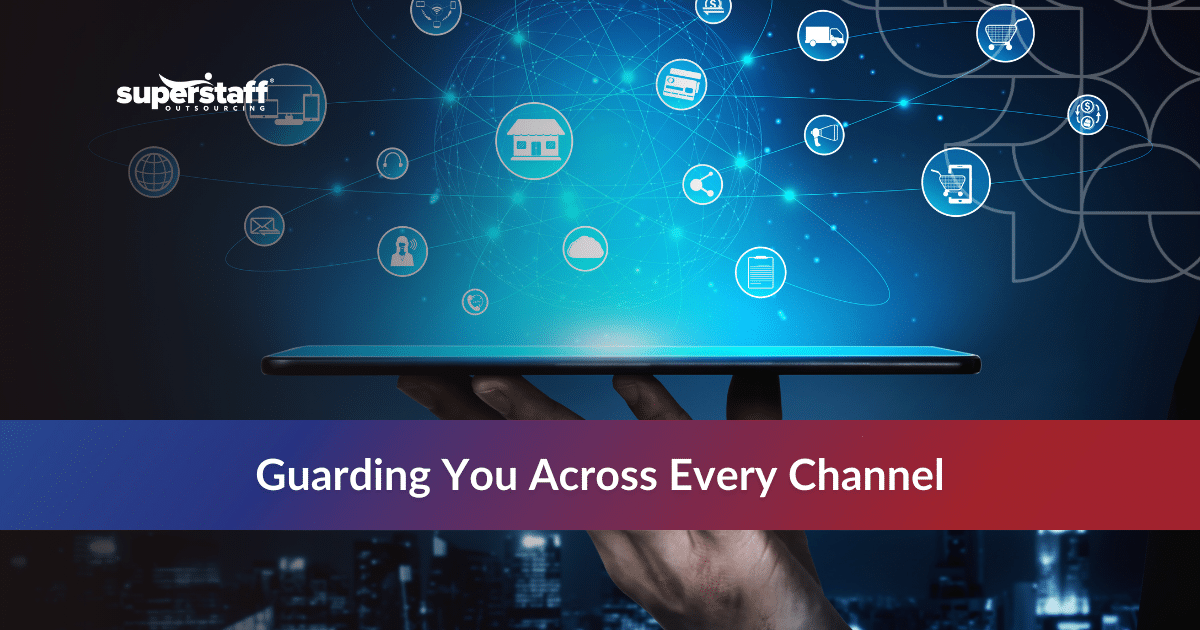 Remote cybersecurity specialist managing IT security icons and digital threat monitoring