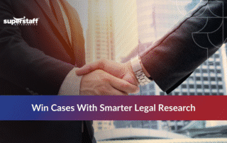 Business professionals shaking hands to outsource legal research services in modern office setting