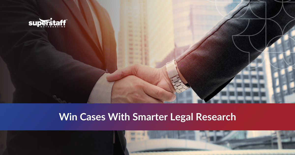 Business professionals shaking hands to outsource legal research services in modern office setting