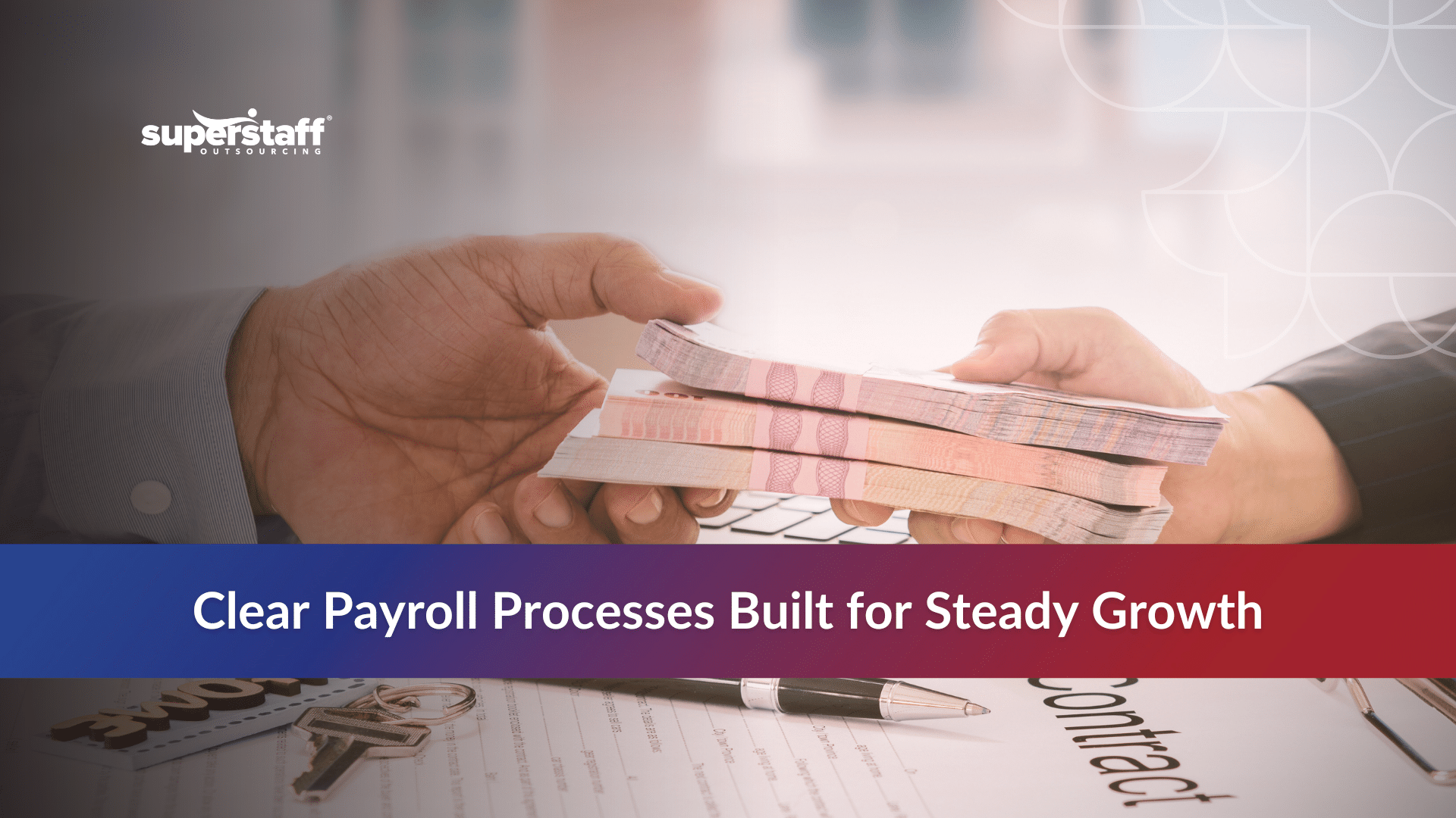 Outsourcing Payroll _Featured Hands passing cash over a laptop, illustrating the advantages of outsourcing payroll for steady growth.