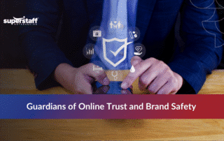 Content moderation manager reviewing online posts to protect brand reputation