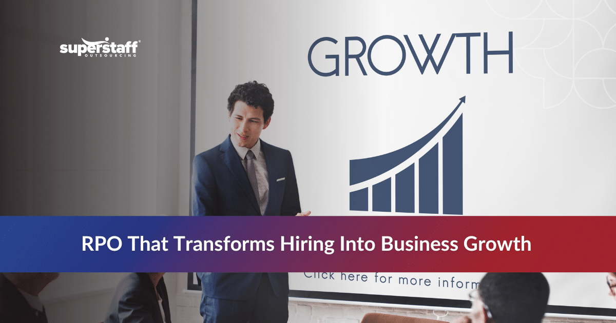 Man leading a team discussion with a growth chart highlighting recruitment process outsourcing benefits