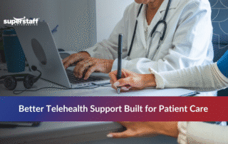 Outsourced telehealth support services professional providing patient care coordination at computer