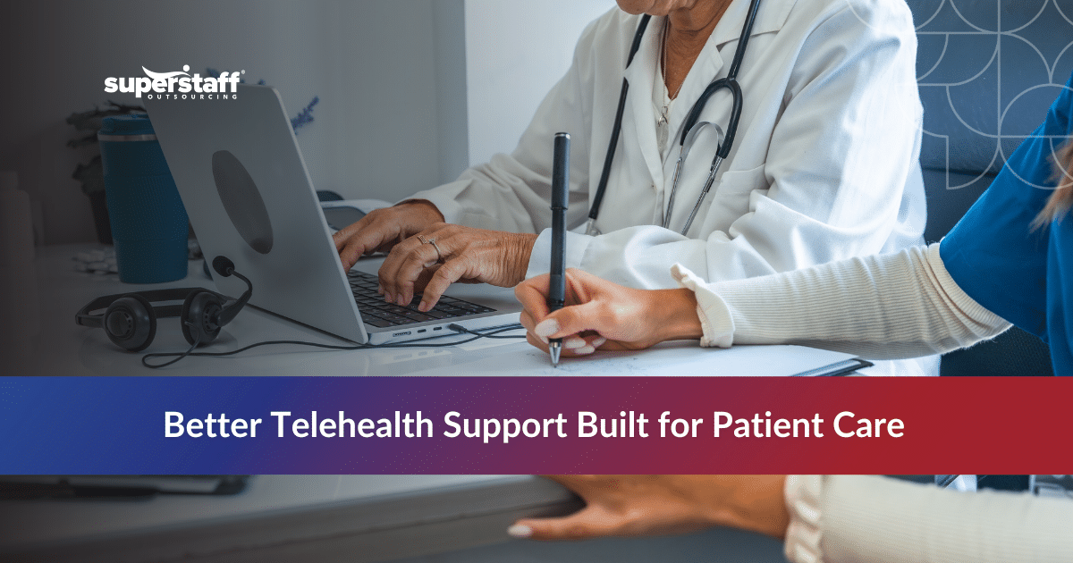 Outsourced telehealth support services professional providing patient care coordination at computer