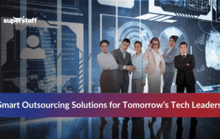 Tech workers in a futuristic office setting representing outsourcing for tech companies.