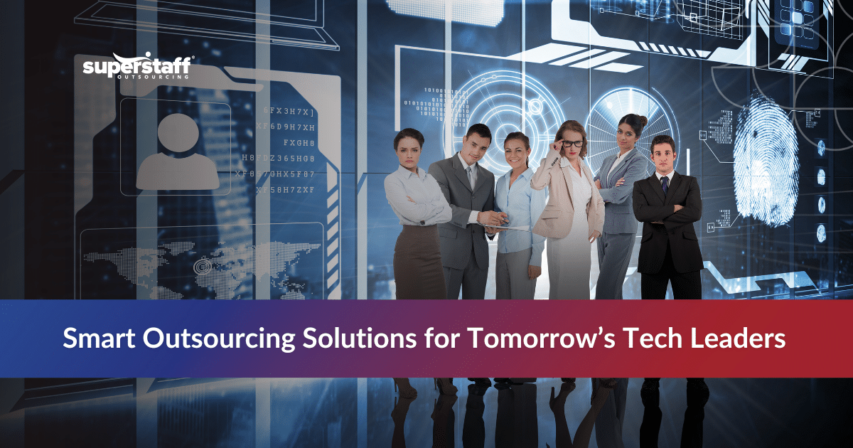 Tech workers in a futuristic office setting representing outsourcing for tech companies.